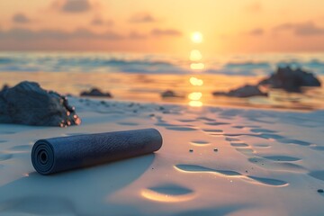 Serene Yoga Mat on Beach at Sunrise Calming Motivational Scene