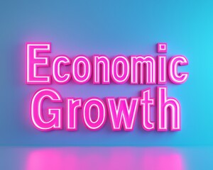 Obraz premium Bright neon sign displaying the phrase 'Economic Growth' on a vibrant blue background, symbolizing financial success and development.
