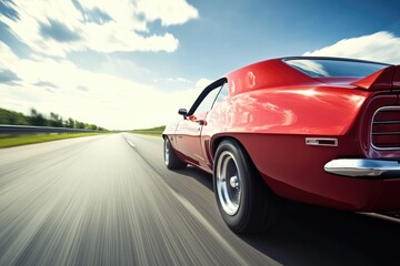 A red sports car is driving down a winding road, with a clear blue sky in the background