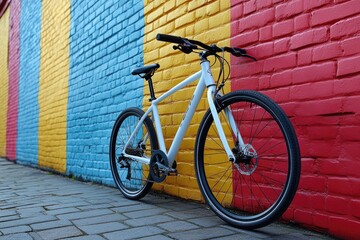 Obraz premium A bicycle leans against a colorful brick wall in a vibrant setting
