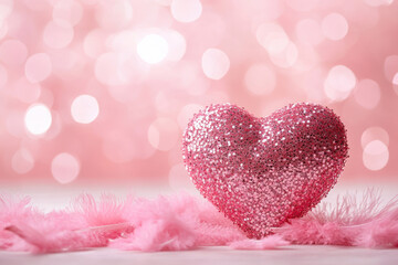 Sparkling pink heart decoration surrounded by soft feathers and a dreamy background setting