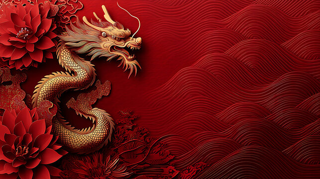 Intricate Gold Dragon Among Red Floral Design, A stunning image featuring a detailed gold dragon, crafted in a paper-cut or 3D style, against a backdrop of deep red with textured, wavy patterns.