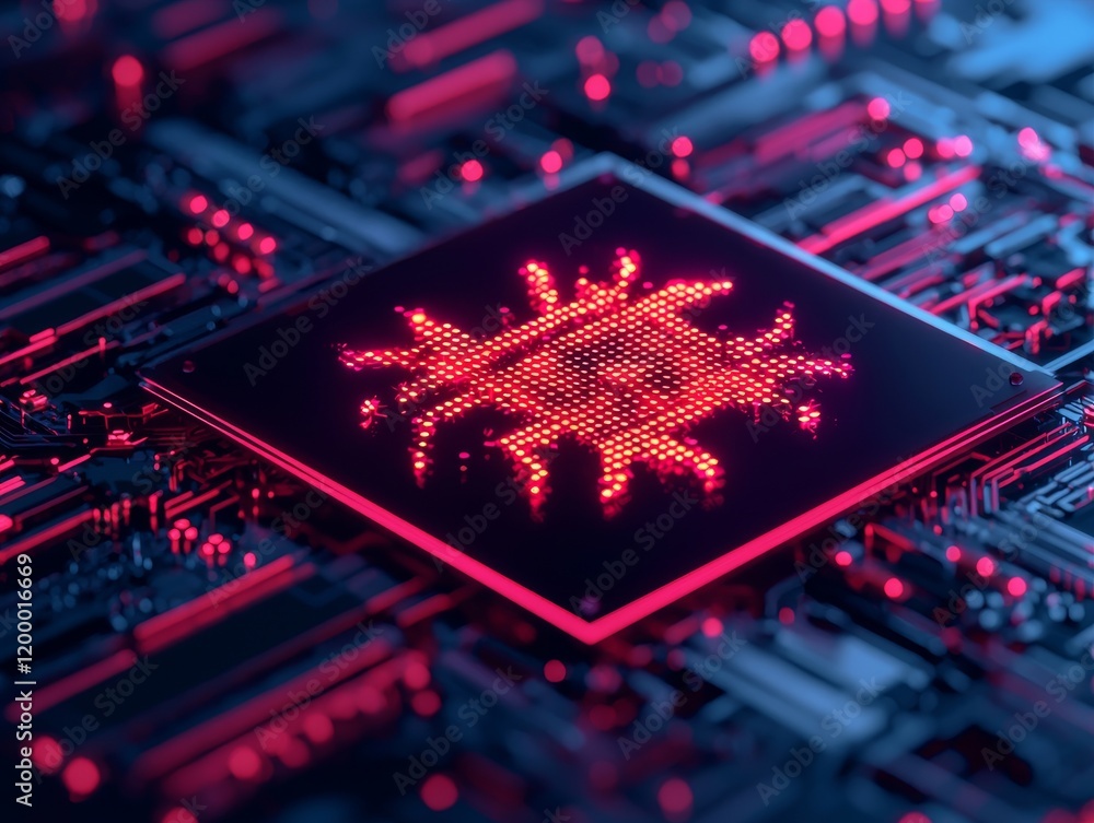Poster close-up of a futuristic microchip illuminated with vibrant red light, showcasing intricate circuitr