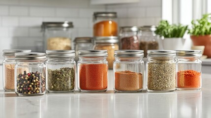 A variety of spice jars filled with vibrant ground spices like paprika, chili powder, and cumin, arranged on a kitchen countertop.