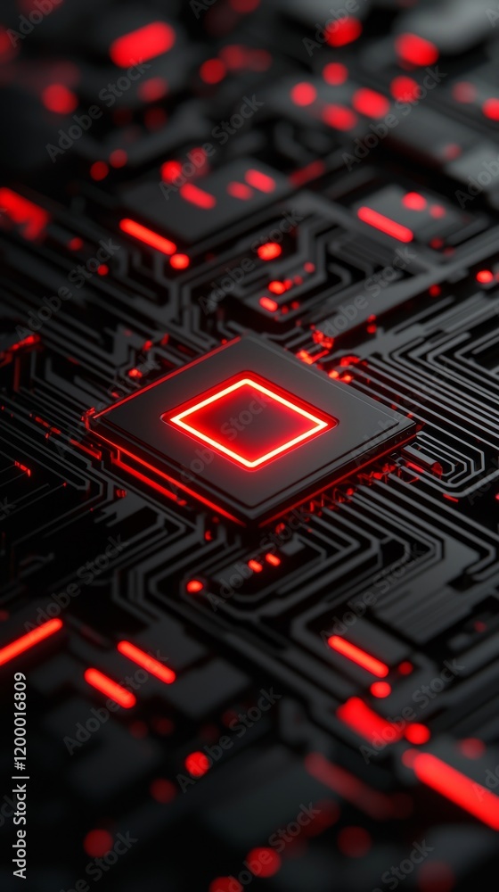 Poster close-up of a glowing microchip on a circuit board, showcasing intricate patterns and advanced techn
