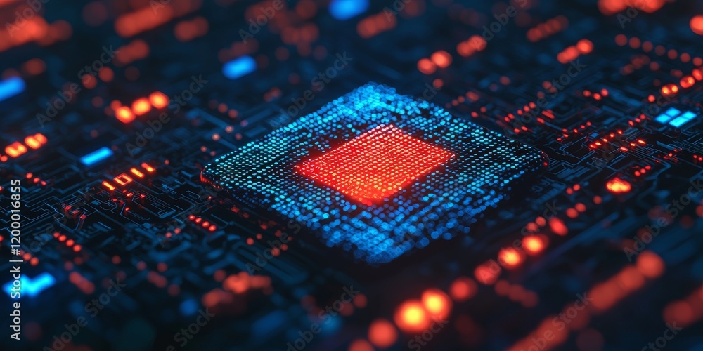 Poster close-up of a microprocessor chip showcasing intricate circuits and vibrant led lights. ideal for te