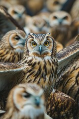 A group of owls sitting or standing next to each other, often used in illustrations and designs
