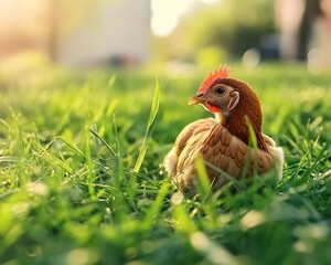 Fototapeta premium Adorable Brown Hen Resting in Lush Green Grass