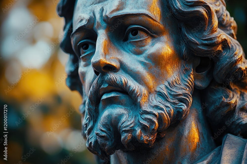 Poster a close-up view of a statue featuring a bearded man, ideal for use in historical or artistic context