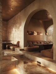 Elegant Desert Restaurant Interior Design Featuring Arched Walls