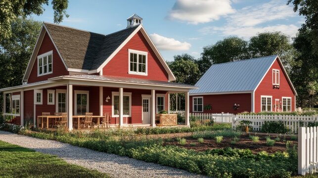 A traditional farmhouse with a red exterior and white trim, complemented by a matching red barn in the background. The front yard has a white picket fence, a small vegetable garden, and a gravel path