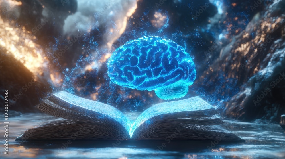 Poster Glowing Brain Above Open Book In Mystical Setting