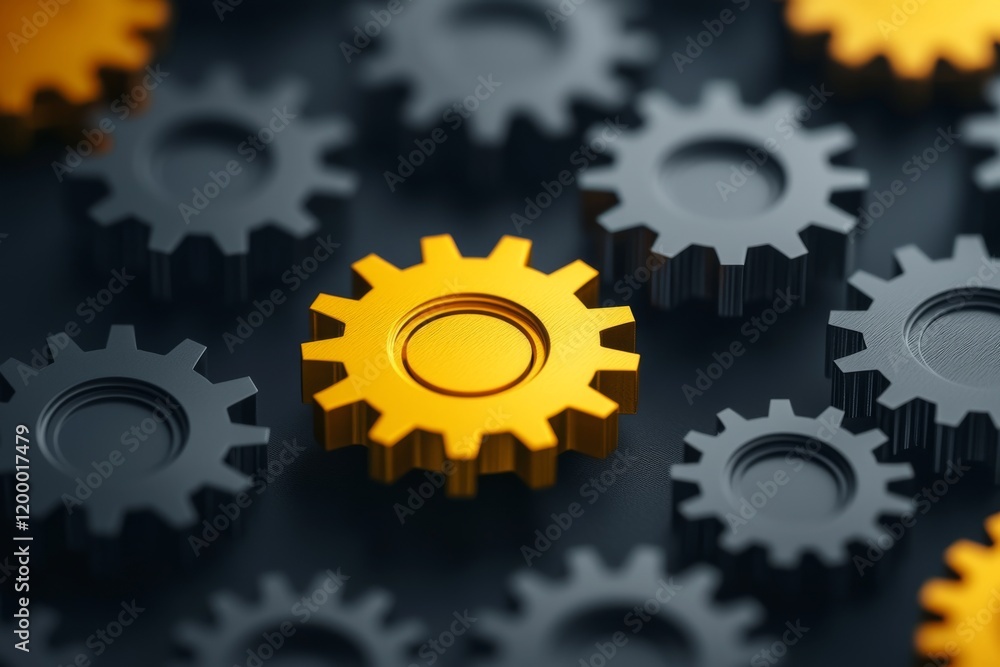 Poster close-up of interlocking gears in contrasting colors, symbolizing industry and machinery, showcasing