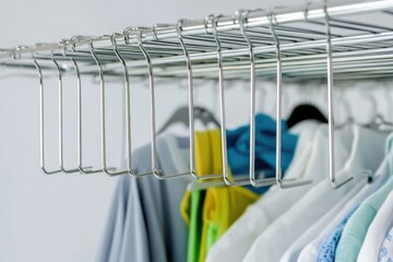 A rack of clothes hanging on a wall with empty hangers and a few garments missing, suitable for interior design or organization ideas