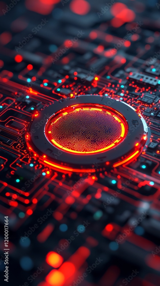 Poster close-up view of a vibrant, illuminated circuit board with intricate patterns and bright red highlig
