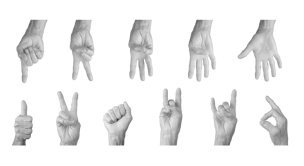 Elderly hand showing gestures like peace, rock horn, and counting numbers 1 to 5, wrinkled skin, expressive communication and concept of education. Isolated on white background.