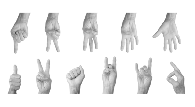 Elderly hand showing gestures like peace, rock horn, and counting numbers 1 to 5, wrinkled skin, expressive communication and concept of education. Isolated on white background.