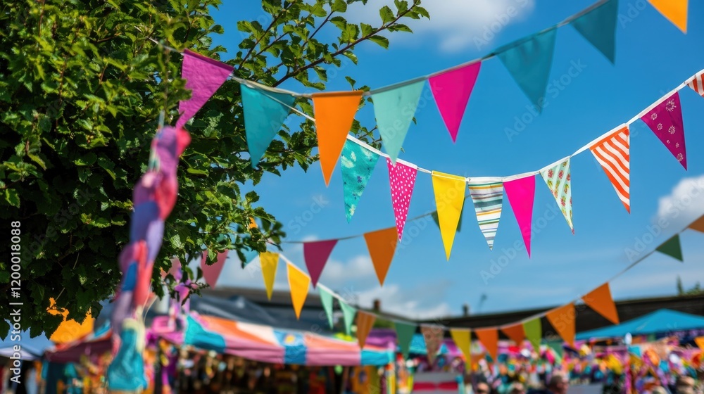 Poster a set of vibrant flags dangling from a tree branch, perfect for events or celebrations