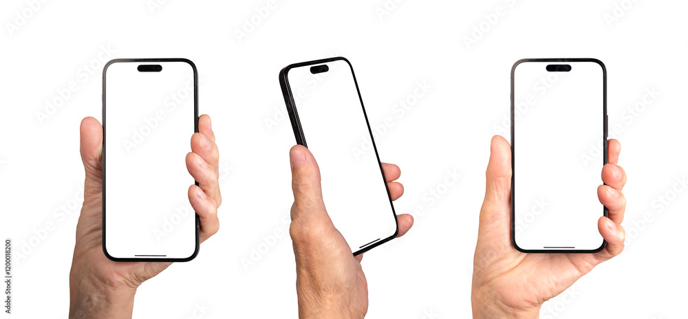 Poster mobile phone mockup in old female hands, set. smartphone screen mock up. blank empty display isolate