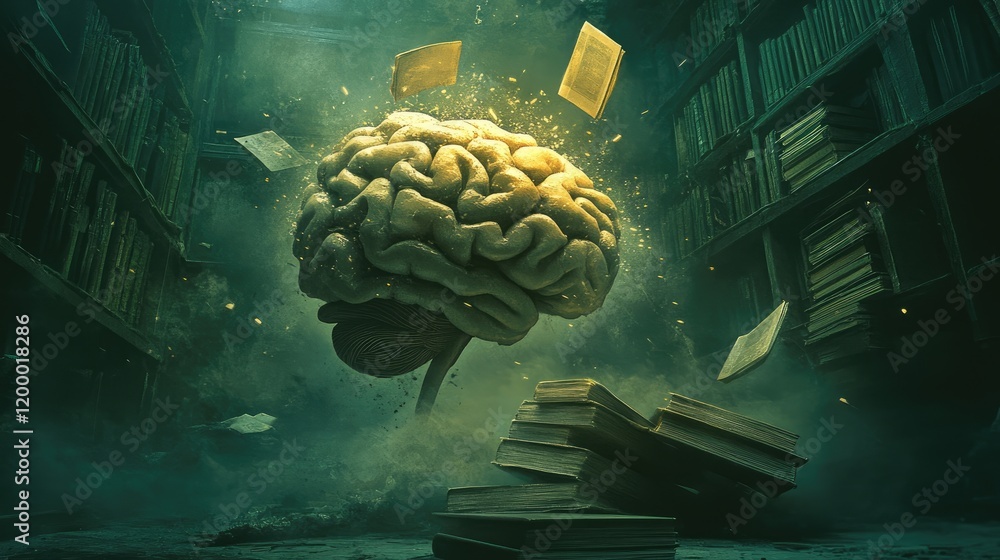 Aufkleber a giant brain surrounded by ancient books in a library