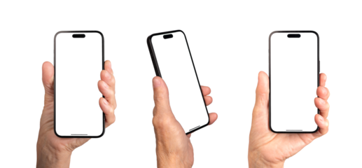 Mobile phone mockup in old female hands, set. Smartphone screen mock up. Blank empty display isolated on white background