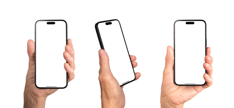 Mobile phone mockup in old female hands, set. Smartphone screen mock up. Blank empty display isolated on white background