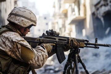 Fototapeta premium A soldier standing on a city street with a machine gun, ready to take action