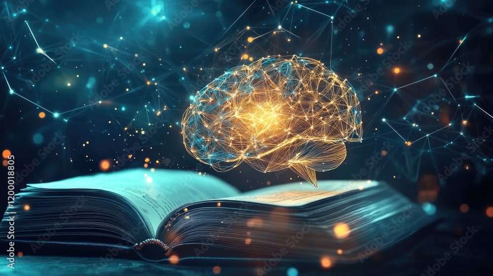 Poster illuminated brain above open book knowledge acquisition