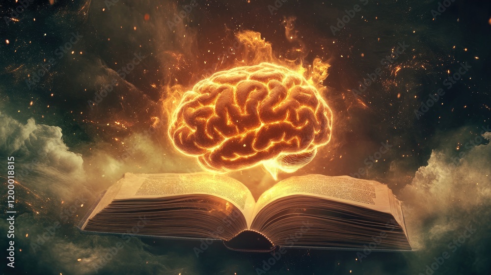 Poster flaming brain above open ancient book of knowledge