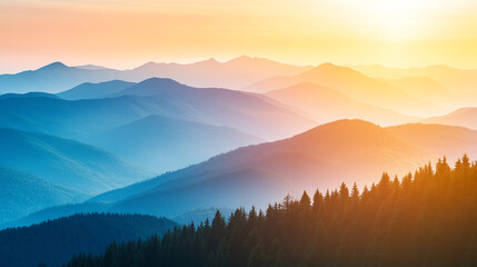 Fototapeta premium Breathtaking view of layers of mountains under a colorful sunset sky in the wilderness