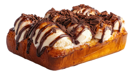 Delicious dessert with chocolate and cream on fresh bread. transparent background