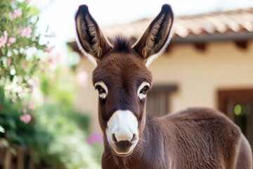 A donkey is standing in front of a house, ready to enter or depart