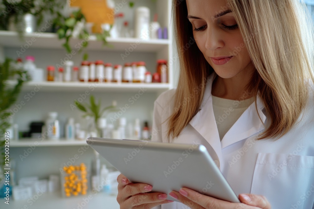 Aufkleber a scientist studying data on a tablet while wearing a white lab coat