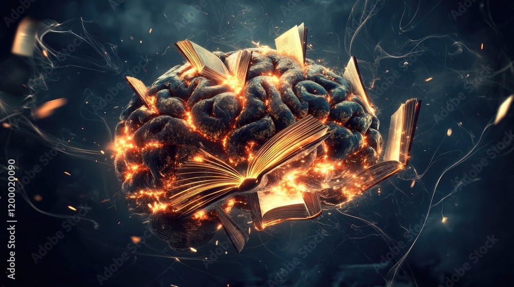 Poster flaming brain embracing burning books knowledge explosion