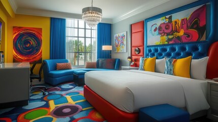 Vibrant Modern Hotel Room With Artistic Decor