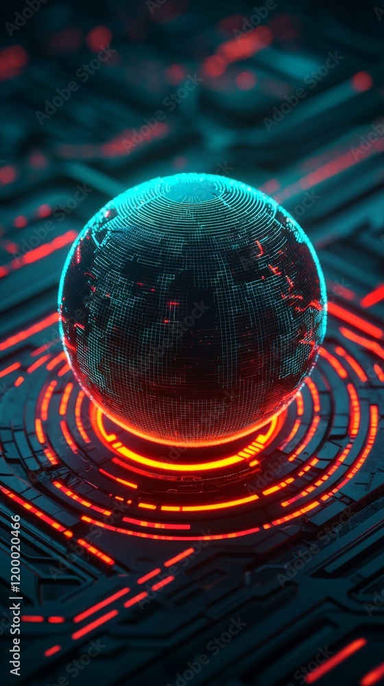 Poster futuristic digital globe surrounded by glowing circuitry, symbolizing innovation and connectivity in