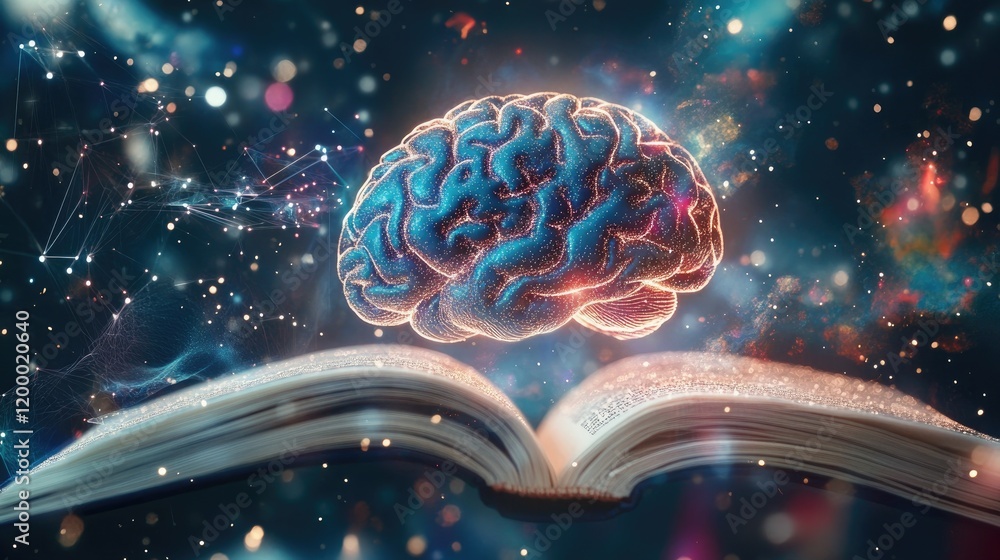 Poster Glowing Brain Above Open Book Knowledge Illumination