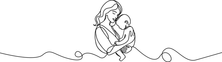 Woman hold her baby. Mothers Day line art. Solid line,continuous one line drawing. Mother holding her baby . Continuous line art vector.Happy Mothers Day concept. Mother hugging a child