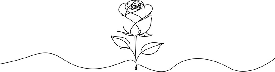 Rose one line drawing. Abstract flower continuous line. Minimalist contour drawing of rose . Continuous line drawing of flower rose . Hand drawn sketch of flower with leaves.