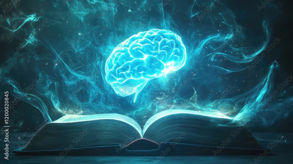 Poster glowing brain emerging from open book knowledge