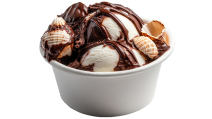 Delicious ice cream sundae with chocolate and nuts. transparent background