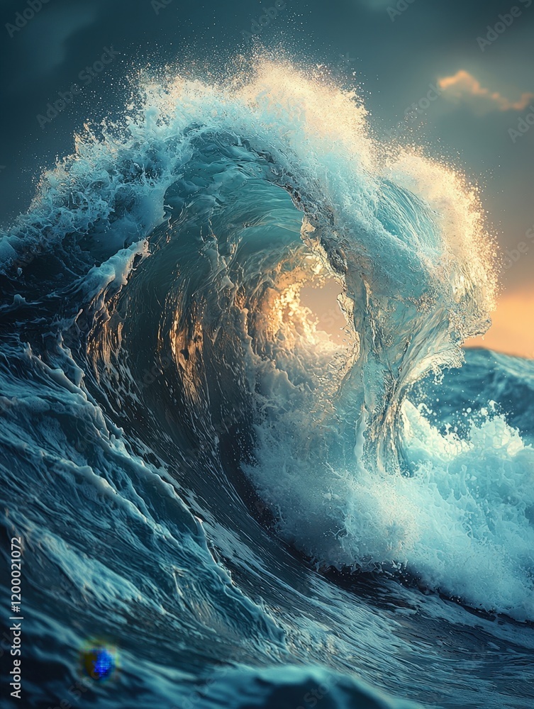 Poster a powerful ocean wave curls and crashes, creating a dynamic, eye-catching image. ideal for backgroun