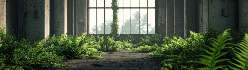 Fototapeta premium Lush ferns thrive in a serene, sunlit abandoned space, showcasing nature reclaiming its territory in a tranquil setting.
