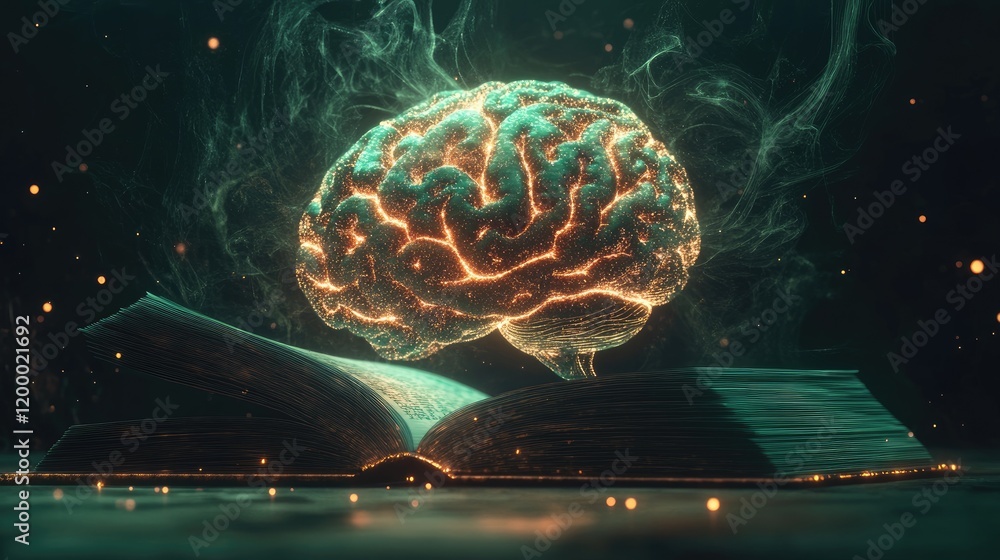 Poster luminous brain above open book of knowledge