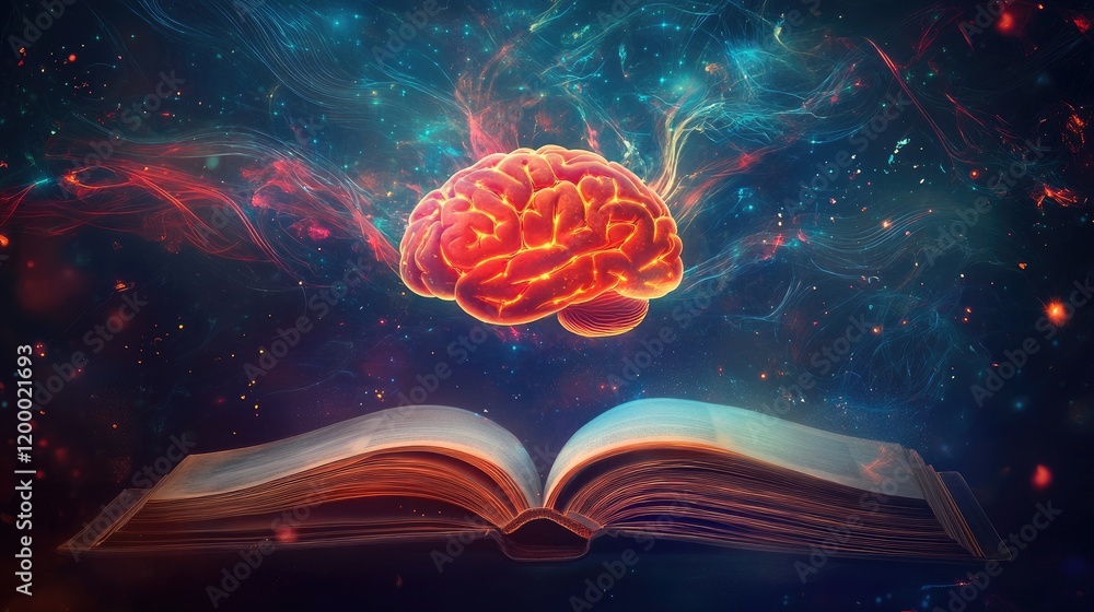 Poster glowing brain above open book cosmic background