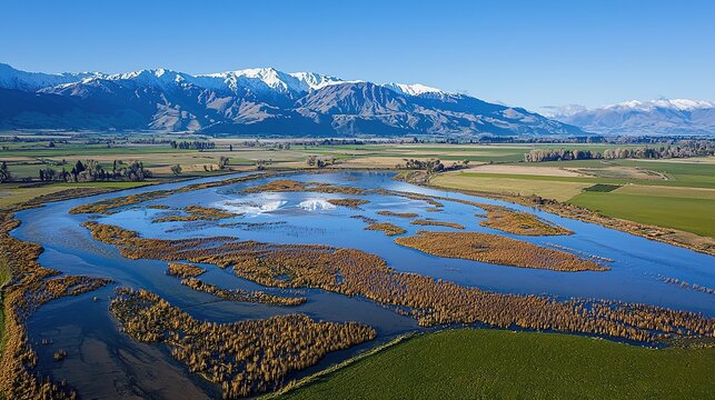 Natural flood mitigation restored wetland in scenic landscape aerial view environmental protection
