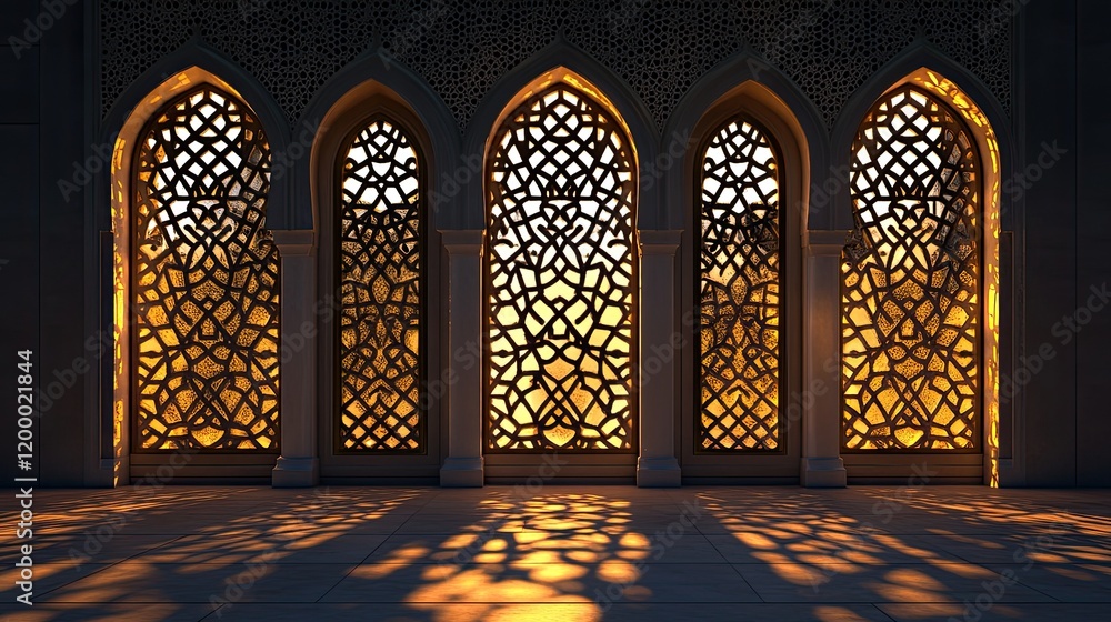 Poster illuminated islamic architectural windows displaying intricate designs