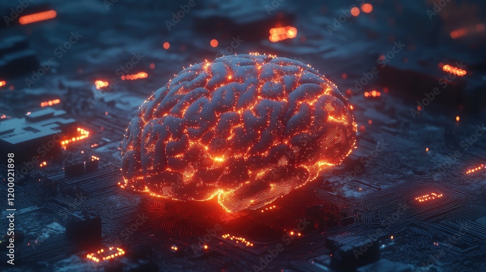 Poster glowing brain rests upon circuit board technology