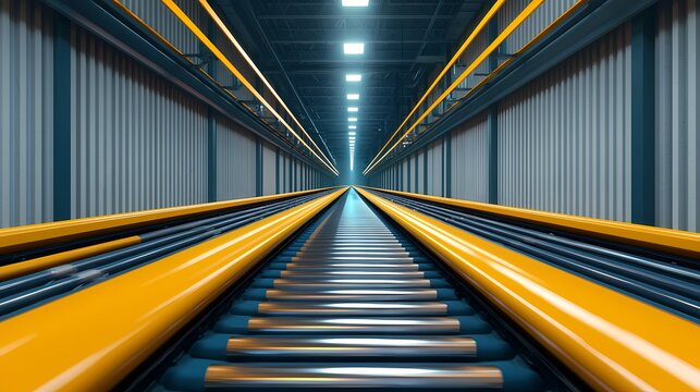 A futuristic perspective of parallel tracks with vibrant yellow lines, leading into a distant light source, creating a sense of depth and motion.