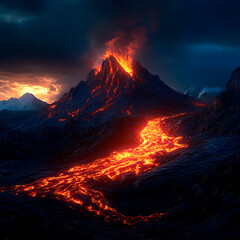 Fototapeta premium Epic Volcanic Eruption at Twilight with Glowing Lava and Dramatic Mountain Landscape 